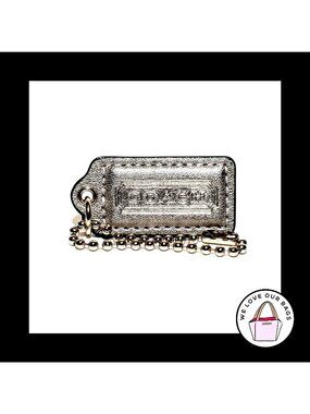 2" Medium COACH Silver Metallic Leather Nickel Fob Bag Charm Keychain Hang Tag